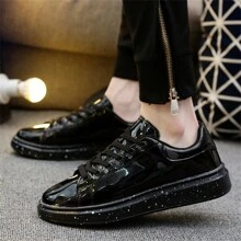 2025 New Arrival Men's Fancy Summer Shoes, Thick Sole Ultra-Light Platform, Mirror Surface Glitter Sequins Black Casual Sneakers, Suitable For Street, Party, Gym, Outdoor, Valentine's Day - Black - View 3