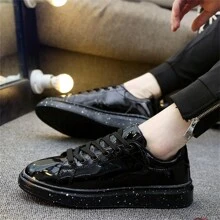 2025 New Arrival Men's Fancy Summer Shoes, Thick Sole Ultra-Light Platform, Mirror Surface Glitter Sequins Black Casual Sneakers, Suitable For Street, Party, Gym, Outdoor, Valentine's Day - Black - View 8