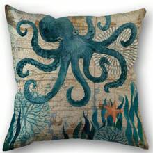 Ocean Creatures, Turtle Seahorse Whale Octopus Pillow Case Cover, Vintage Style Linen Material, 18*18 Inches Gifts Birthday Graduation - Navy Blue - View 11