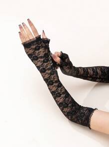 1 par de elegantes mangas largas sin dedos de encaje y malla para mujer, protección solar