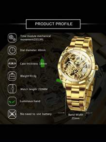 FORSINING 1pc Men Luxury Retro Gold Square Transparent Skeleton Automatic Mechanical Watches Luminous Hands Stainless Steel Strap Business Casual Men Watch Festival Birthday Gifts