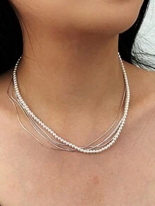 S925 Sterling Silver 5 Layers Necklace Silver Snake Bone Chain With Shell Pearls Beaded Collar Neck Chain Simple For Women Wedding Party, High-End, Niche Elegant, Light Luxury, Broken Silver 925 Clavicle Chain - Silver - View 5