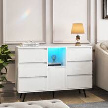 Living Room Sideboard Storage Cabinet White High Gloss With LED Light, Modern Kitchen Unit Cupboard Buffet Wooden Storage Display Cabinet - White - View 1