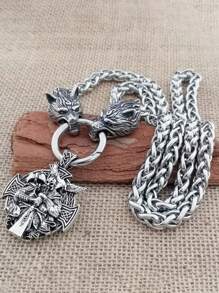 Nordic  Head Pendant Necklace, Vintage Crow Odin Battle Axe Necklace, Men's Fashionable Exaggerated Necklace, Antique Viking Talisman From Norway, Party Accessories And Gifts - Silver - View 3