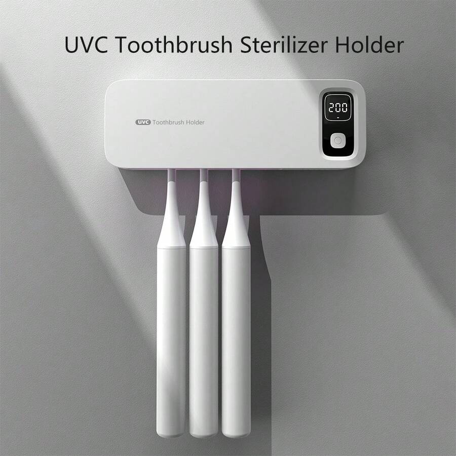 1入智能UV消毒牙刷架，帶剃鬚刀的牙刷架，壁掛式牙刷收納架，智能牙刷消毒器，浴室配件 - 白色 - 查看 1