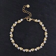 夏季款式簡單優雅的銅鑲嵌立方氧化鋯心形手鍊，適合女性日常佩戴，通勤手鍊，返校季最佳禮物 - 金色 - 查看 8