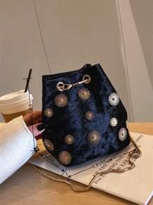 1pc Round Buckle Polyester Magnetic Closure Chain Decor Bucket Shoulder Bag For Women's Daily Use - Black - View 2