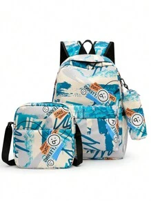 Three Pieces Set Backpack With Lunch Box & Pencil Case, Dirt Resistant Ultra Lightweight Large Capacity Backpack For Teen Boys, Backpack Set, Travel Junior High School Campus Backpack - Cadet Blue - View 1