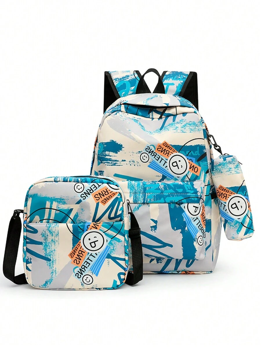 Three Pieces Set Backpack With Lunch Box & Pencil Case, Dirt Resistant Ultra Lightweight Large Capacity Backpack For Teen Boys, Backpack Set, Travel Junior High School Campus Backpack - Cadet Blue - View 1