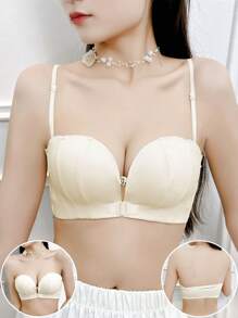 女款貝殼前扣式無鋼圈防滑支撐內衣，適合婚紗與晚禮服，小胸完美選擇，內衣 - 香檳色 - 查看 2