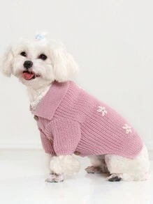 UFBemo 1pc Pet Sweater, Cute 3D Floral Knit Polo Collar Cardigan, Soft Comfortable Material Suitable For Cats And Small-Medium Dogs