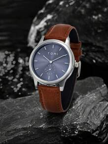 1pc TOMI Men's Fashion Two-Needle Half Leather Belt Quartz Watch, Suitable For Daily Life And Holiday Gifts - 棕色 - 查看 2
