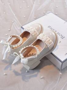 Mädchen Prinzessinnen Schuhe, 4 Jahreszeiten Britischer Stil Lederschuhe, Weiche Sohle Rutschfeste Mary Jane Schuhe mit Schleife & Perlen Dekor, Mädchen Riemen Design PU Ballerinas