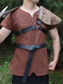 男士中古世紀維京毛皮披肩，野蠻肩頸披巾斗篷，配胸帶毛皮披肩，維京風格