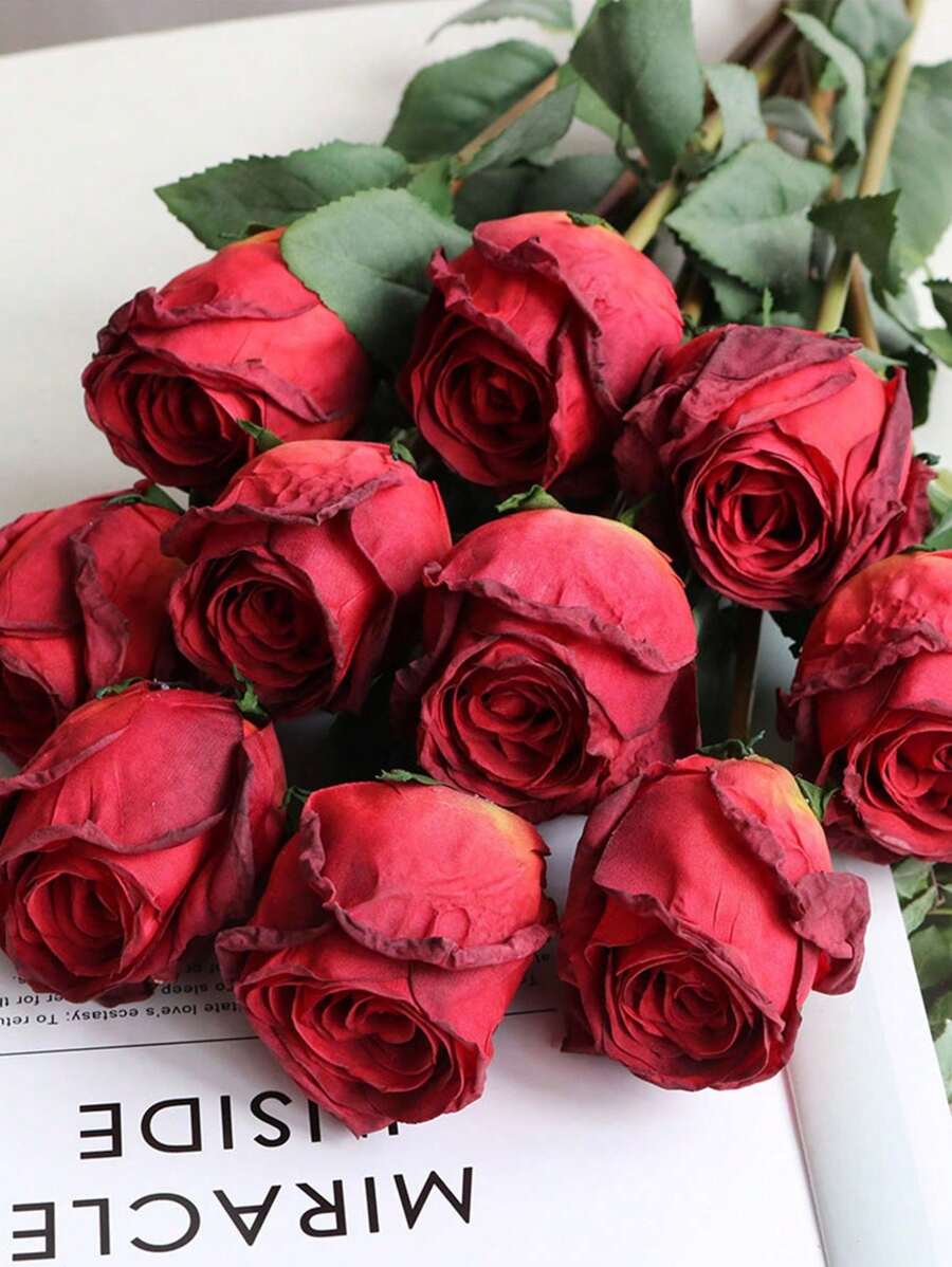 2pcs Artificial Rose Burning Edge Moisturizing Rose Real Touch Silk Flower Home Living Room Bedroom Simulated Plant Wedding Decoration,Valentine'S Day,Mother'S Day Gift,Spring Decorations - Red - View 1