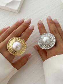 1 pieza Anillo ajustable con espiral de metal multielemental vintage y único, con adorno de perla falsa, joyería adecuada para el uso diario, festivales, fiestas, vacaciones, sesiones de fotos, desfiles de moda, accesorios decorativos y regalos para mujeres