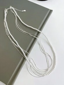 S925 Sterling Silver 5 Layers Necklace Silver Snake Bone Chain With Shell Pearls Beaded Collar Neck Chain Simple For Women Wedding Party, High-End, Niche Elegant, Light Luxury, Broken Silver 925 Clavicle Chain - Silver - View 2