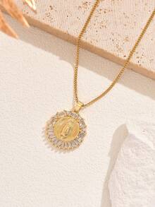 1pc 18K Gold Plated Stainless Steel Round Pendant Necklace, Ins French Bohemian Korean Fashion Minimalist Versatile Necklace For Women, Suitable For Daily, Commute, Street, Party, Festival Occasions - Gold - View 5