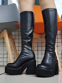 Design Elastic Knee High Boots Women Gothic Punk Platform Motorcycle Women's Boots Chunky High Heels Shoes - 黑色 - 查看 7