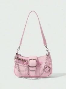 2024 新款时尚经典粉色金属链条装饰 Y2k 辣妹风格腋下法棍包星星图案装饰设计单肩包适合购物。，潮流星星镂空女包