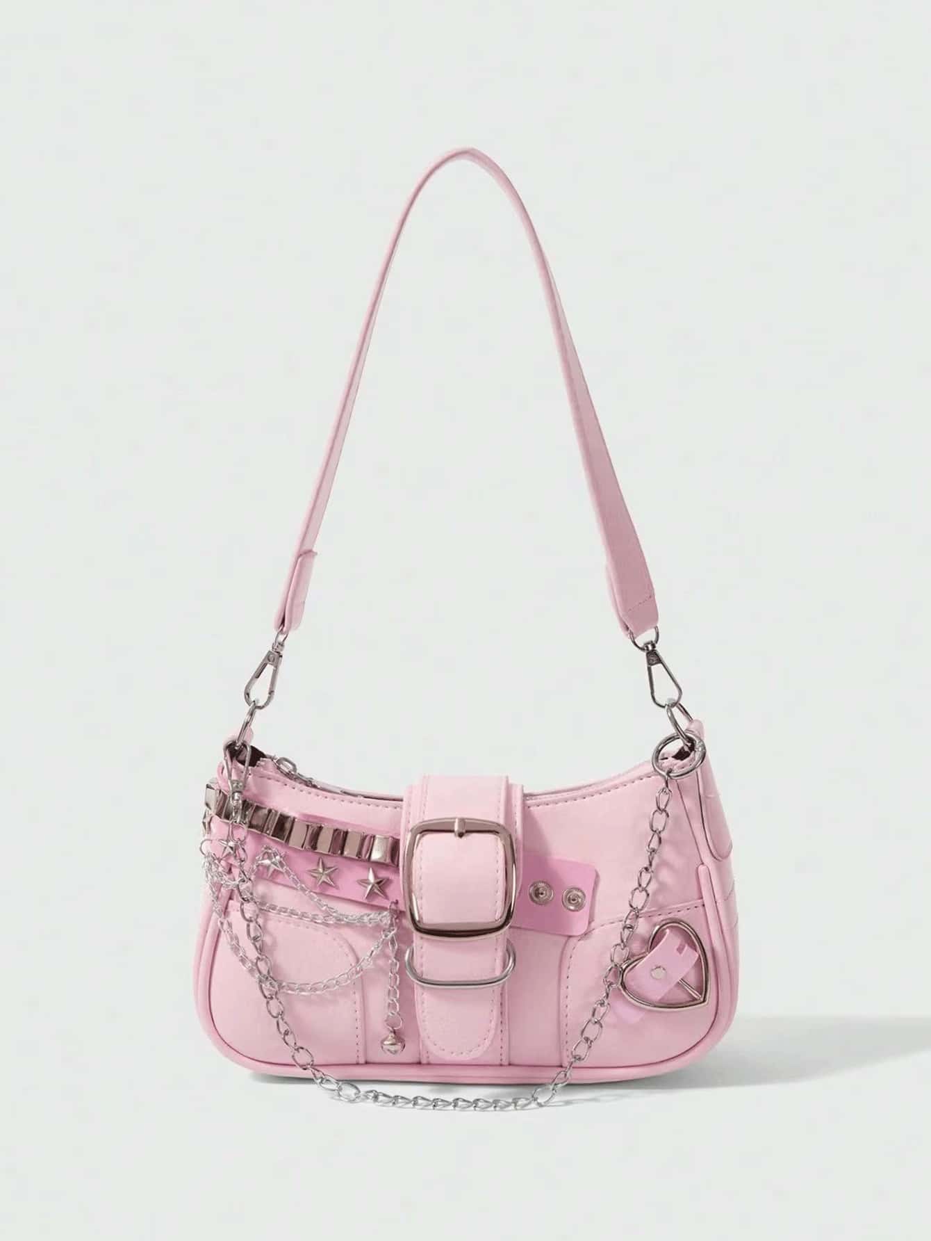 2024 新款时尚经典粉色金属链条装饰 Y2k 辣妹风格腋下法棍包星星图案装饰设计单肩包适合购物。，潮流星星镂空女包