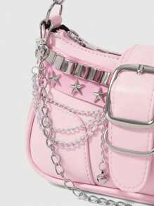2024 新款时尚经典粉色金属链条装饰 Y2k 辣妹风格腋下法棍包星星图案装饰设计单肩包适合购物。，潮流星星镂空女包