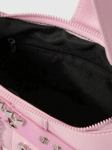 2024 新款时尚经典粉色金属链条装饰 Y2k 辣妹风格腋下法棍包星星图案装饰设计单肩包适合购物。，潮流星星镂空女包