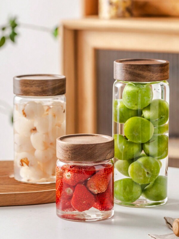 1pc High-Boron Silicon Glass Storage Jar With Acacia Wood Lid, Spiral Pattern Airtight Tea Canister, Moisture-Proof Insect-Proof Kitchen Storage Container