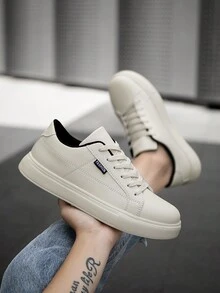 Zapatillas deportivas casuales de hombre con bloque de color beige y estampado de letras, zapatos planos minimalistas y versátiles para exteriores, zapatos de trabajo para estudiantes - Beis - Ver 8