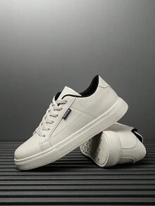 Zapatillas deportivas casuales de hombre con bloque de color beige y estampado de letras, zapatos planos minimalistas y versátiles para exteriores, zapatos de trabajo para estudiantes - Beis - Ver 6