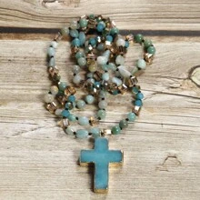 1pc Springtime Fashion Bohemia Style Natural Stone & Glass Beads Knotted Necklace With Cross Pendant, For Sweater Chain