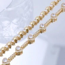 夏季款式簡單優雅的銅鑲嵌立方氧化鋯心形手鍊，適合女性日常佩戴，通勤手鍊，返校季最佳禮物 - 金色 - 查看 2