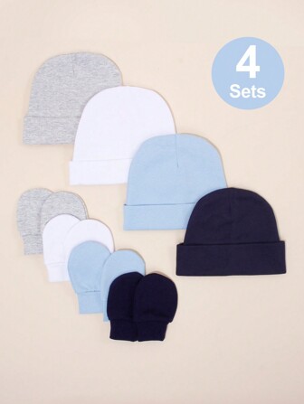 4 Sets Newborn Baby (0-6 Months) Unisex Solid Color Protective Warm Comfortable Daily Beanie Hat And Mittens Set For Hospital And Outdoor Use