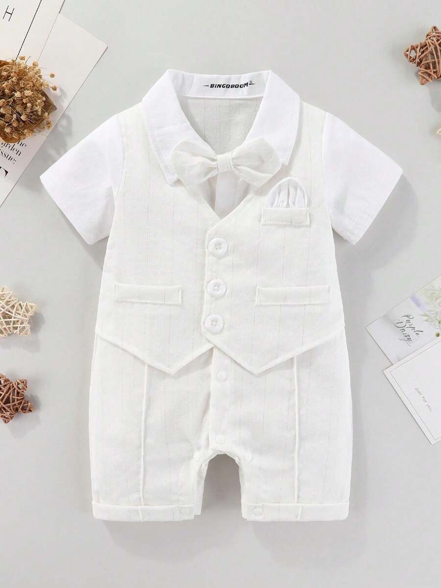 Baby Boy's White Bowtie Short Sleeve Gentleman Baptism Romper