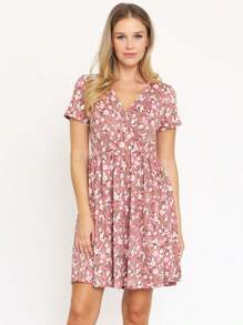 Boho Retro Sage Navy Pink Black Ditsy Floral Surplice Deep V Neck Band Waist Shirring Soft Swing Dress Small To 3 XL Plus - Pink - View 5