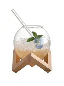 1pc 16oz Personalized Moon Glass Cup With Wooden Stand, Glass Sphere Cold Drink Cup, Coffee Cup, Juice Cup, Atmospheric Wine Glass, Featured Decorative Drinkware For Holidays And Parties, Creative Gift Idea For Besties - Wooden Moon Cup - View 10