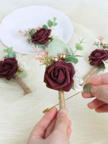 8 Pcs Rose Boutonniere For Men Wedding With Pins Groom And Groomsmen Artificial Flower Boutonniere For Wedding Ceremony Anniversary Formal Dinner Party Prom Flowers, Party Decor Supplies - 酒紅色 - 查看 7