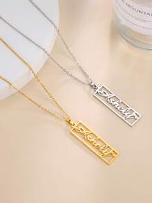 1pc Personalized Stainless Steel Customized Name Cutout Geometric Pattern Square Pendant Necklace, Stylish Jewelry Gift For Friends - Silver - View 2