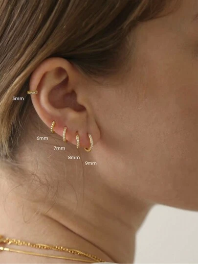 EleRunis 1 对 925 纯银经典方晶锆石 5 毫米 - 9 毫米耳环 18K 镀金防过敏微型软骨耳环穿孔时尚珠宝适合女性日常佩戴