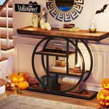 LITTLE TREE 4 Tiers Console Table, 41.3" Sofa Table With Circle Base, Narrow Wood Entryway Entrance Table, Accent Foyer Table With Storage Shelves - Rustic Brown - View 5