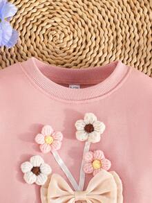 Conjunto de 2 piezas para bebé niña, sudadera con cuello redondo linda y sencilla con decoración de ramo de flores y pantalones de unicolor, para primavera y otoño - Rosa - Ver 3