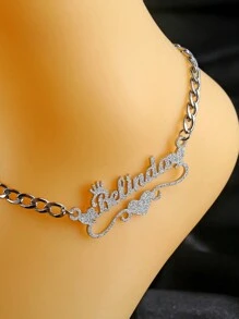 Customized Personalized Heart Shaped Crown Letter Couples Anklet, Sparkling Frosted Name Anklet For Men, 5mm Thick Link Chain, Bohemian Style Beach Jewelry Gift For Wife, Girlfriend Valentines