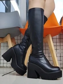Design Elastic Knee High Boots Women Gothic Punk Platform Motorcycle Women's Boots Chunky High Heels Shoes - 黑色 - 查看 1