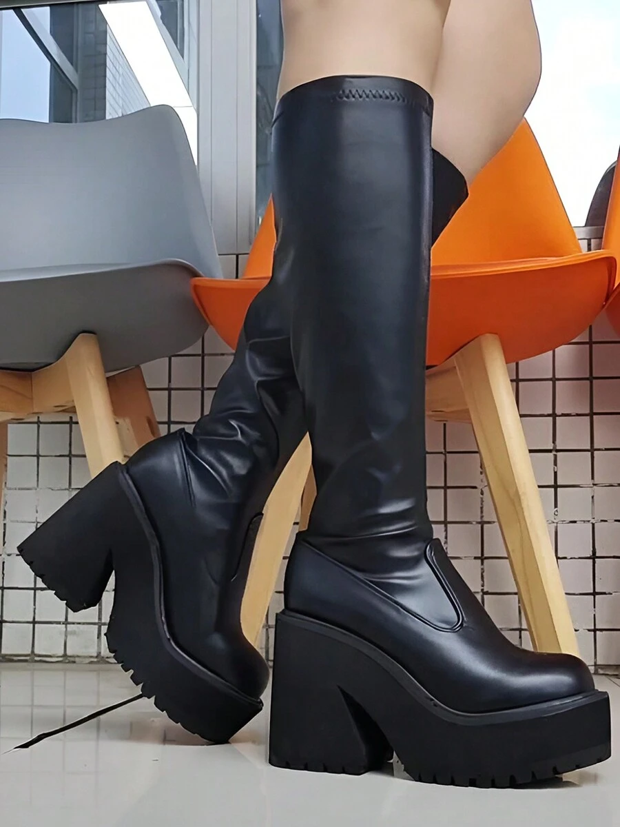 Design Elastic Knee High Boots Women Gothic Punk Platform Motorcycle Women's Boots Chunky High Heels Shoes - 黑色 - 查看 1