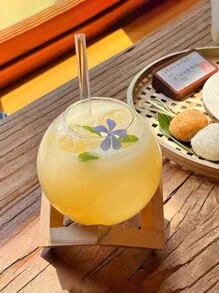 1pc 16oz Personalized Moon Glass Cup With Wooden Stand, Glass Sphere Cold Drink Cup, Coffee Cup, Juice Cup, Atmospheric Wine Glass, Featured Decorative Drinkware For Holidays And Parties, Creative Gift Idea For Besties - Wooden Moon Cup - View 3