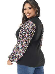 Women's Plus Size Sparkle Sequin Sweatshirt Mock Neck Pullover Long Sleeve Glitter Party Tops - 黑色 - 查看 2