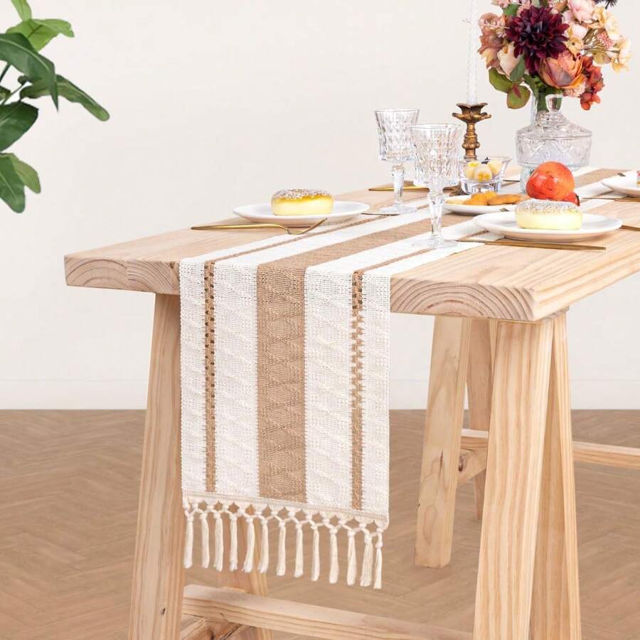 1pc Boho Table Runner Macrame Table Runners For Home Decor ,Cream & Brown Macrame Table Runner With Tassels For Boho Dining Bedroom Decor Rustic Bridal Shower,Farmhouse Rustic Table Runner,Place Mat,Thanksgiving Christmas Home Decor (Multiple Sizes Available) - Beige - View 1