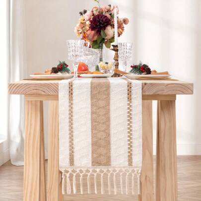 1 件波西米亚风格桌旗花边桌旗适用于家居装饰，奶油色和棕色花边桌旗带流苏适用于波西米亚风格餐厅卧室装饰乡村新娘送礼会、农舍乡村桌旗、餐垫、感恩节圣诞节家居装饰（多种尺寸可供选择）