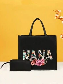 2入組字母印花手提包，適用於工作、學生、假期、旅行、休閒旅遊，大容量，方便收納，輕巧包袋，時尚百搭