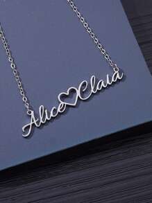 1件定制情侣名字吊坠项链，配心形个性化名字牌，18K镀金不锈钢可调节链，定制珠宝时尚配饰，情人节、生日、周年纪念日礼物 - 銀色 - 查看 5